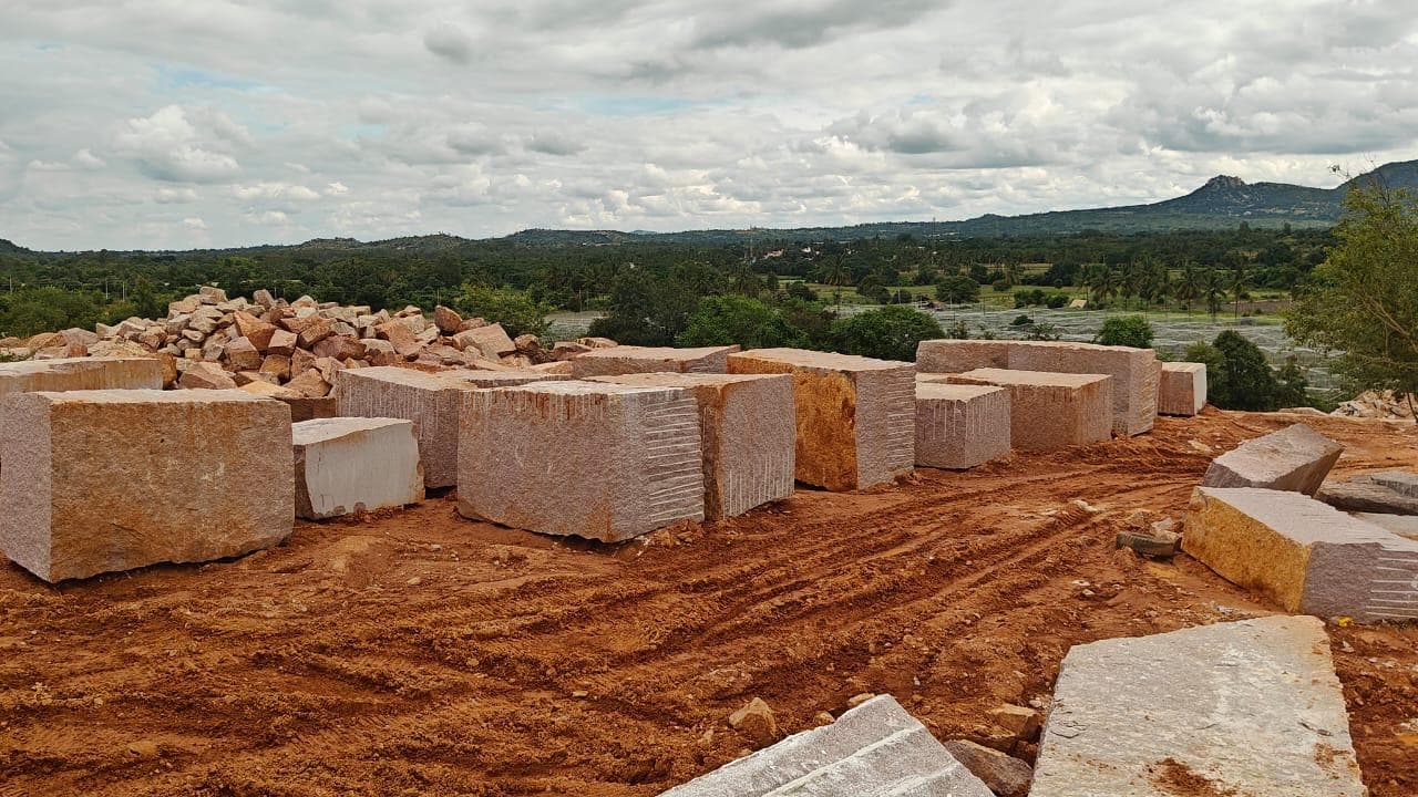 Queen Rose granite blocks at the Vrishabha Mines quarry, Karnataka